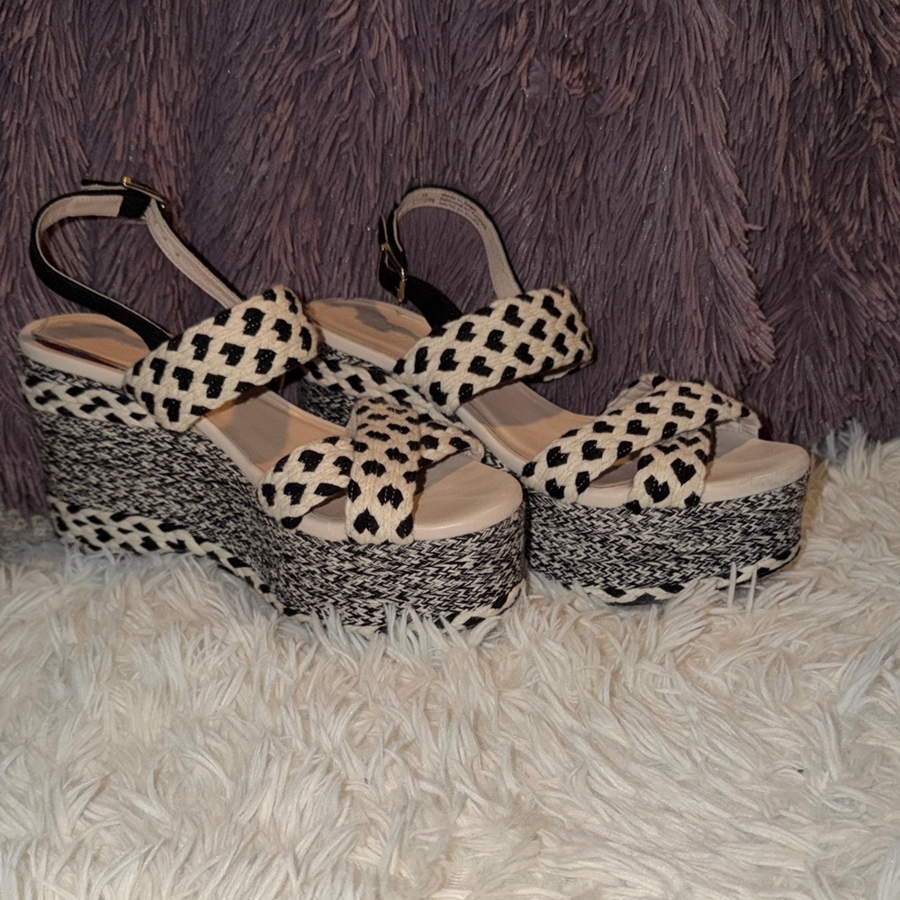 Free People Black and Cream Wedge Sandals